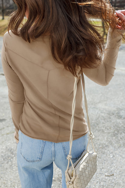 Pale Khaki Raw Seam Detail Solid Color Long Sleeve Top