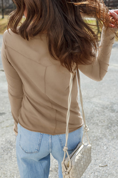 Pale Khaki Raw Seam Detail Solid Color Long Sleeve Top