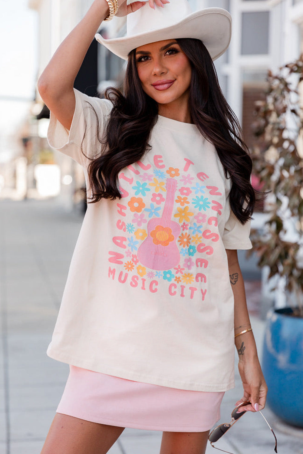 Floral Guitar Harmony Graphic Tee with Nashville Vibes