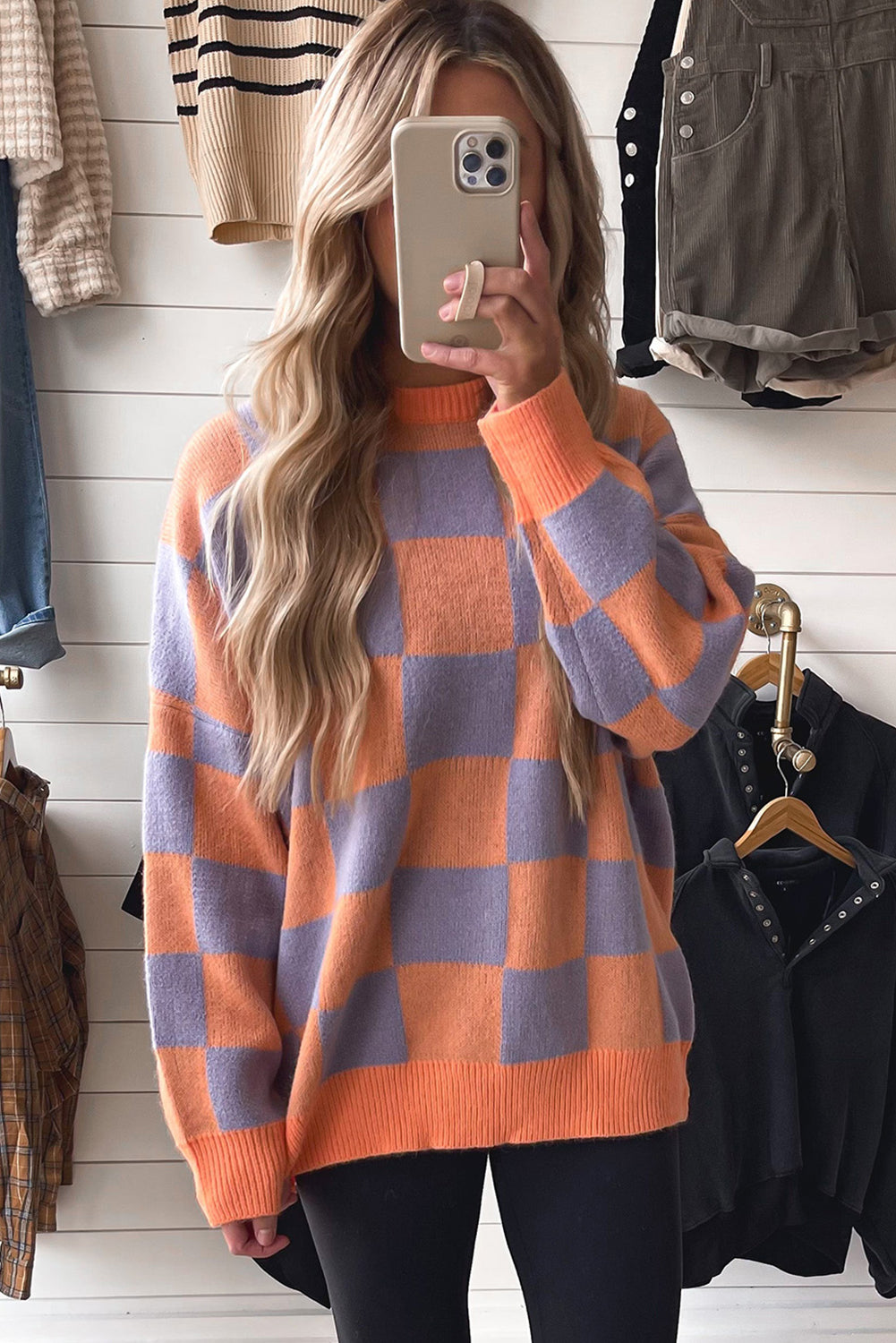 Grapefruit Orange Ribbed Trim Checkered Pattern Knit Baggy Sweater