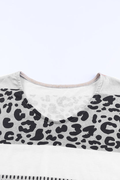 Apricot and Leopard Print V Neck Colorblock Top