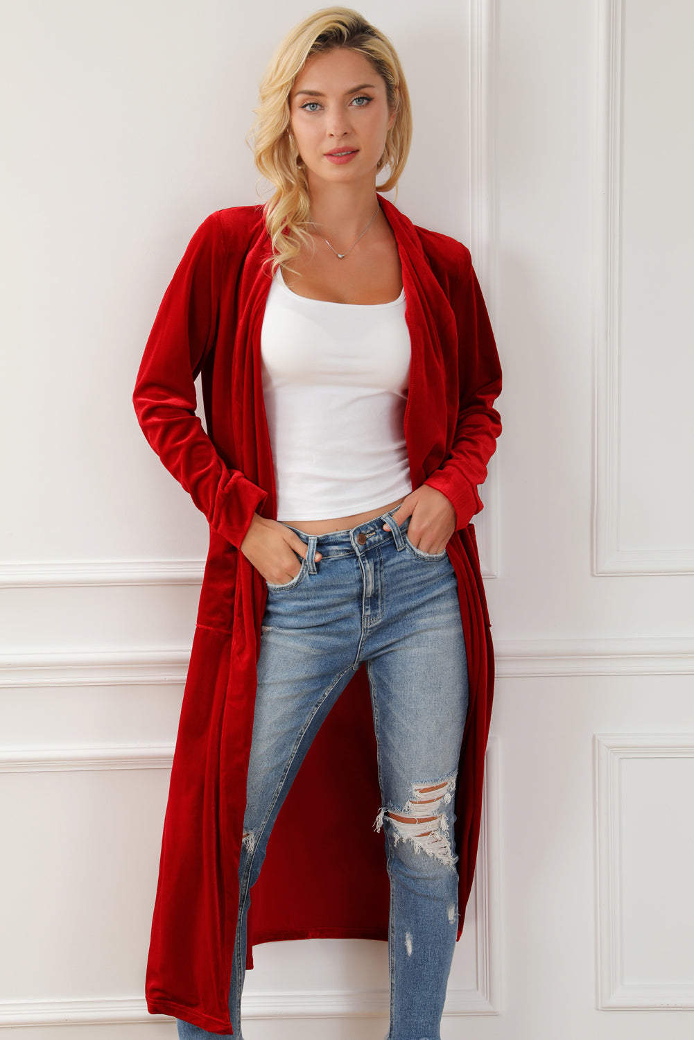 Fiery Crimson Velvet Open Front Long Duster with Pockets