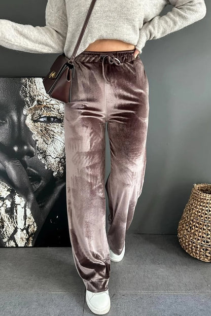 Goat Shiny Velvet Drawstring High Waist Straight Leg Casual Pants