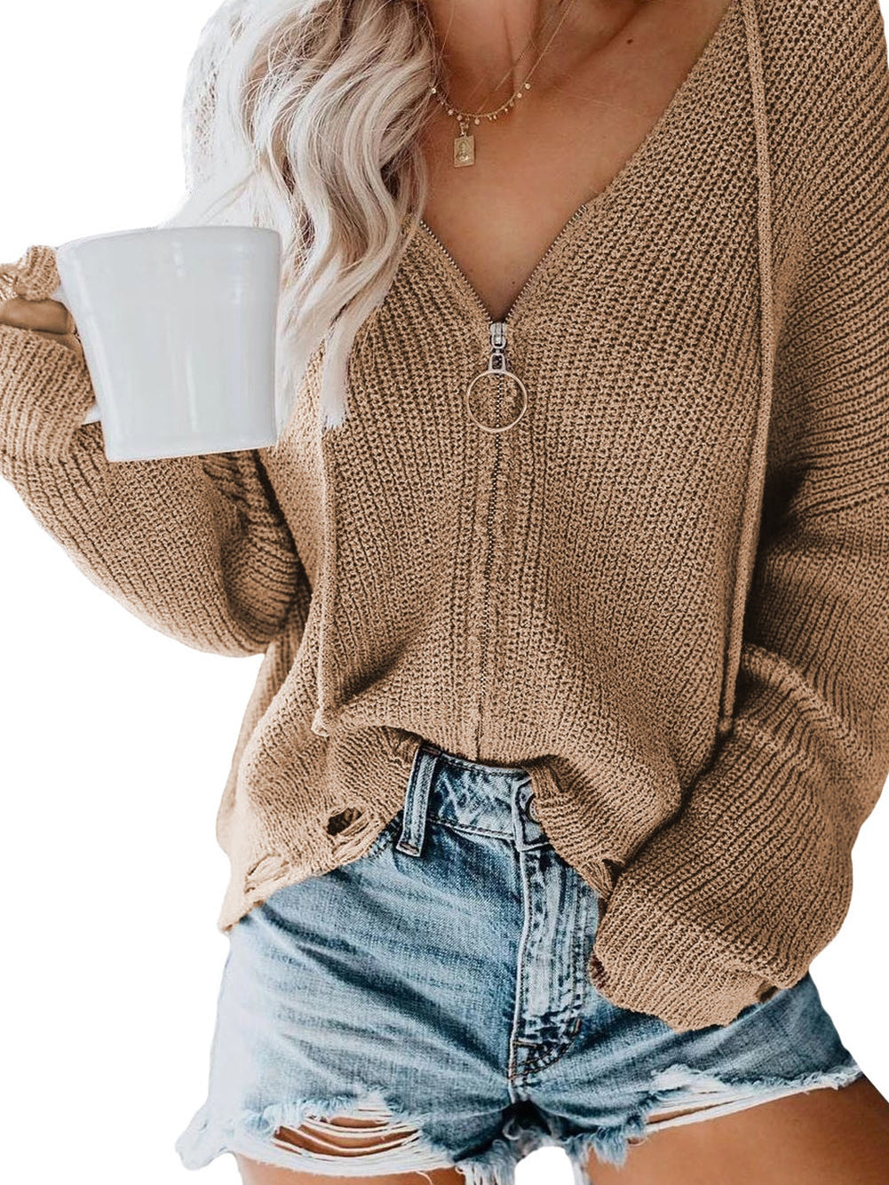 Khaki Hooded V-neck Zip-Up Solid Sweater with Dropped Sleeves