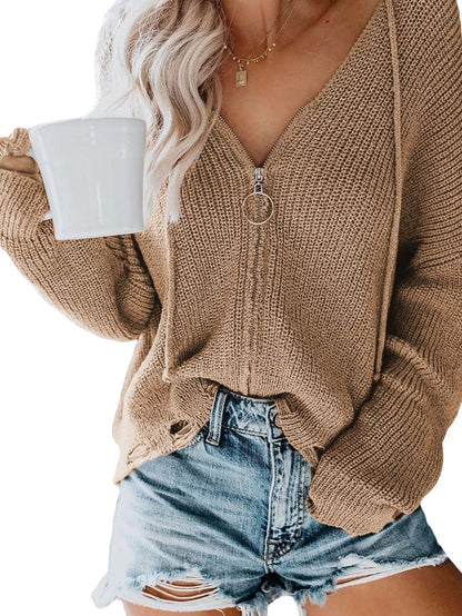 Khaki Hooded V-neck Zip-Up Solid Sweater with Dropped Sleeves