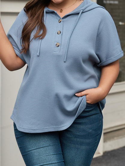 Ashleigh Blue Plus Size Waffle Knit Short Sleeve Drawstring Hoodie