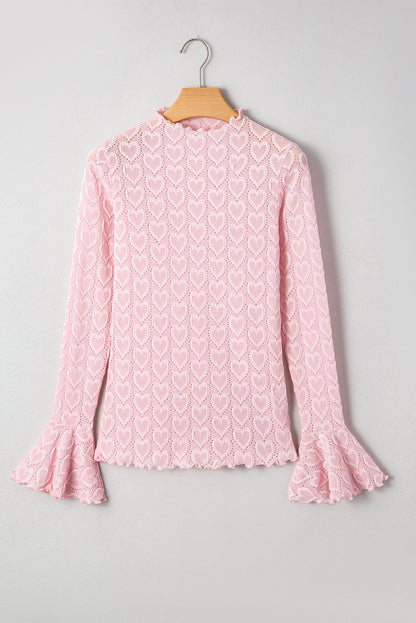 Gossamer Pink Heart Jacquard Flare Sleeve Mock Neck Fitted Top