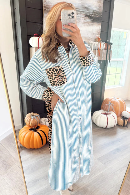 Sky Blue Stripe Contrast Leopard Patchwork Long Shirt Dress