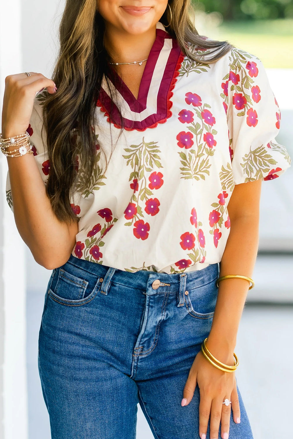 White Floral Short Bubble Sleeve Contrast Slit Neckline Blouse