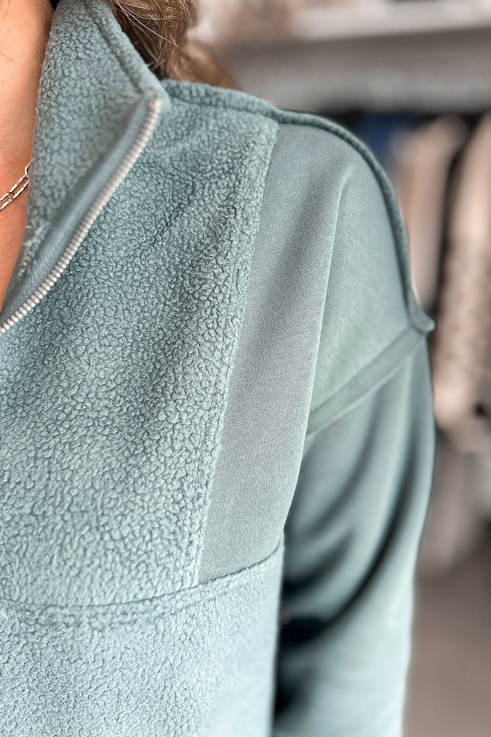 Canton Solid Color Sherpa Patchwork Quarter Zip Pullover Sweatshirt