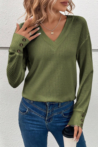 Jungle Green Waffle Knit V Neck Buttoned Long Sleeve Top