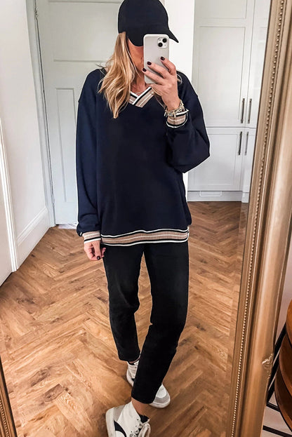 Navy Blue Varsity Contrast Striped Trim V Neck Sweatshirt
