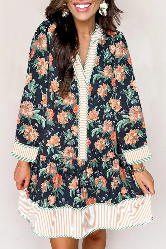 Blue Floral Print Striped Trim V Neck Long Sleeve Ruffle Hem Shift Mini Dress
