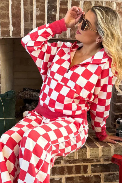 Rose Checkered Print Half Zip Hoodie