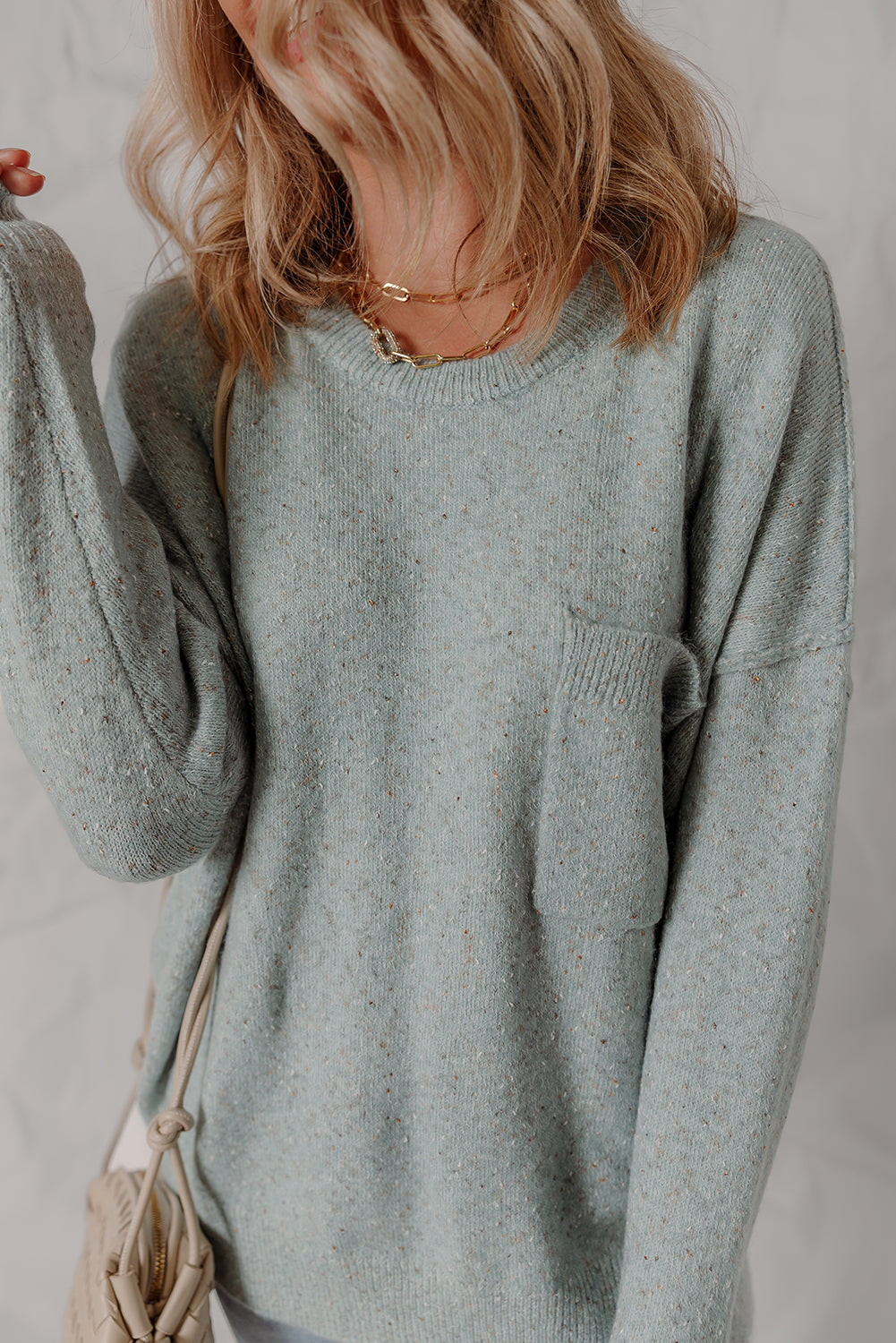 Smoke Green Confetti Knit Ribbed Trim Drop Shoulder Baggy Sweater