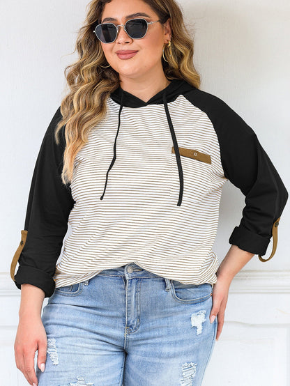 Cozy Black Striped Raglan Hoodie with Buttoned Pocket for Curvy Fashionistas