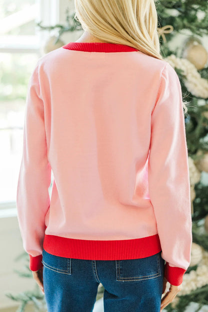 Gossamer Pink Color Block Trim Round Neck Candy Cane Embroidered Sweater