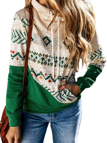 Green Geometric Patchwork Color Block Hoodie