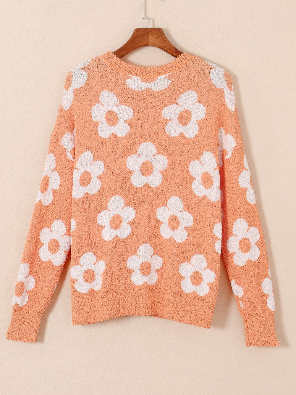 Grapefruit Orange Floral Knit Drop Shoulder Sweater with Fuzzy Texture