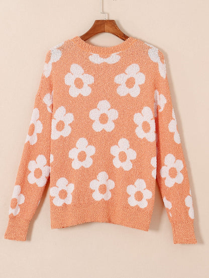 Grapefruit Orange Floral Knit Drop Shoulder Sweater with Fuzzy Texture