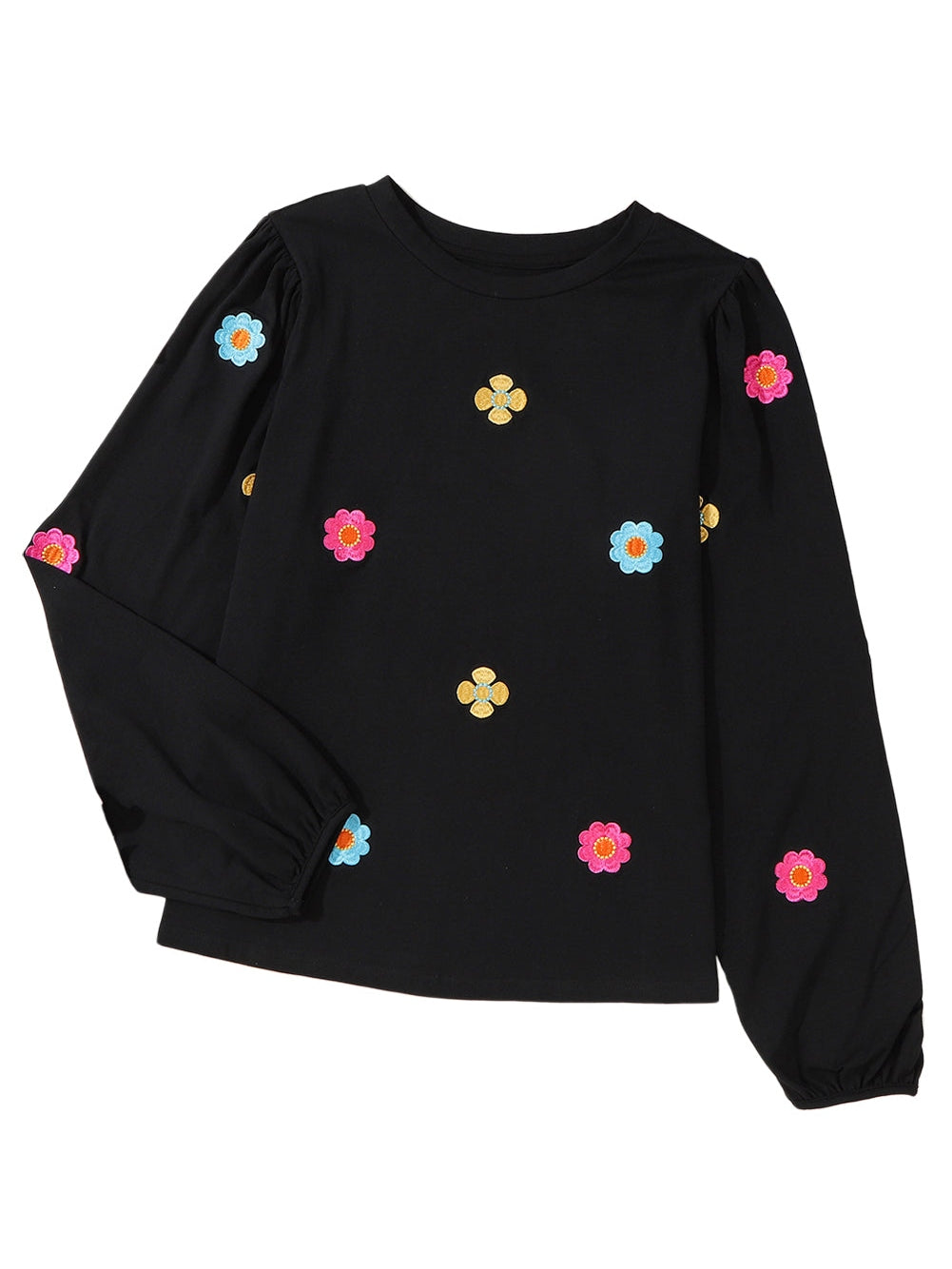 Elegant Black Floral Embroidered Blouse with Puff Sleeves
