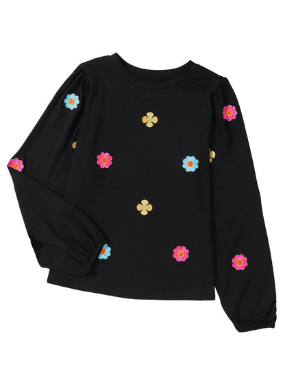 Elegant Black Floral Embroidered Blouse with Puff Sleeves