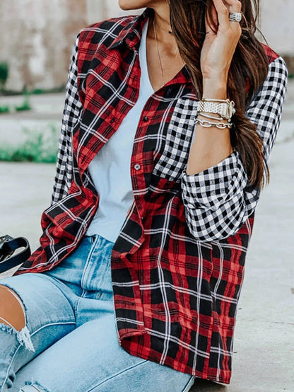 Fiery Red Buffalo Plaid Long Sleeve Shirt with Colorful Pockets