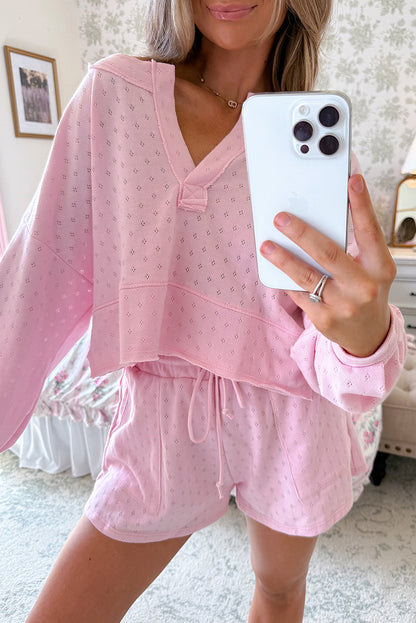 Light Pink Pointelle Patterned Loose Long Sleeve Top Drawstring Shorts 2pcs Set