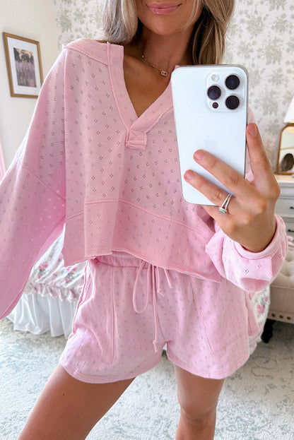Light Pink Pointelle Patterned Loose Long Sleeve Top Drawstring Shorts 2pcs Set