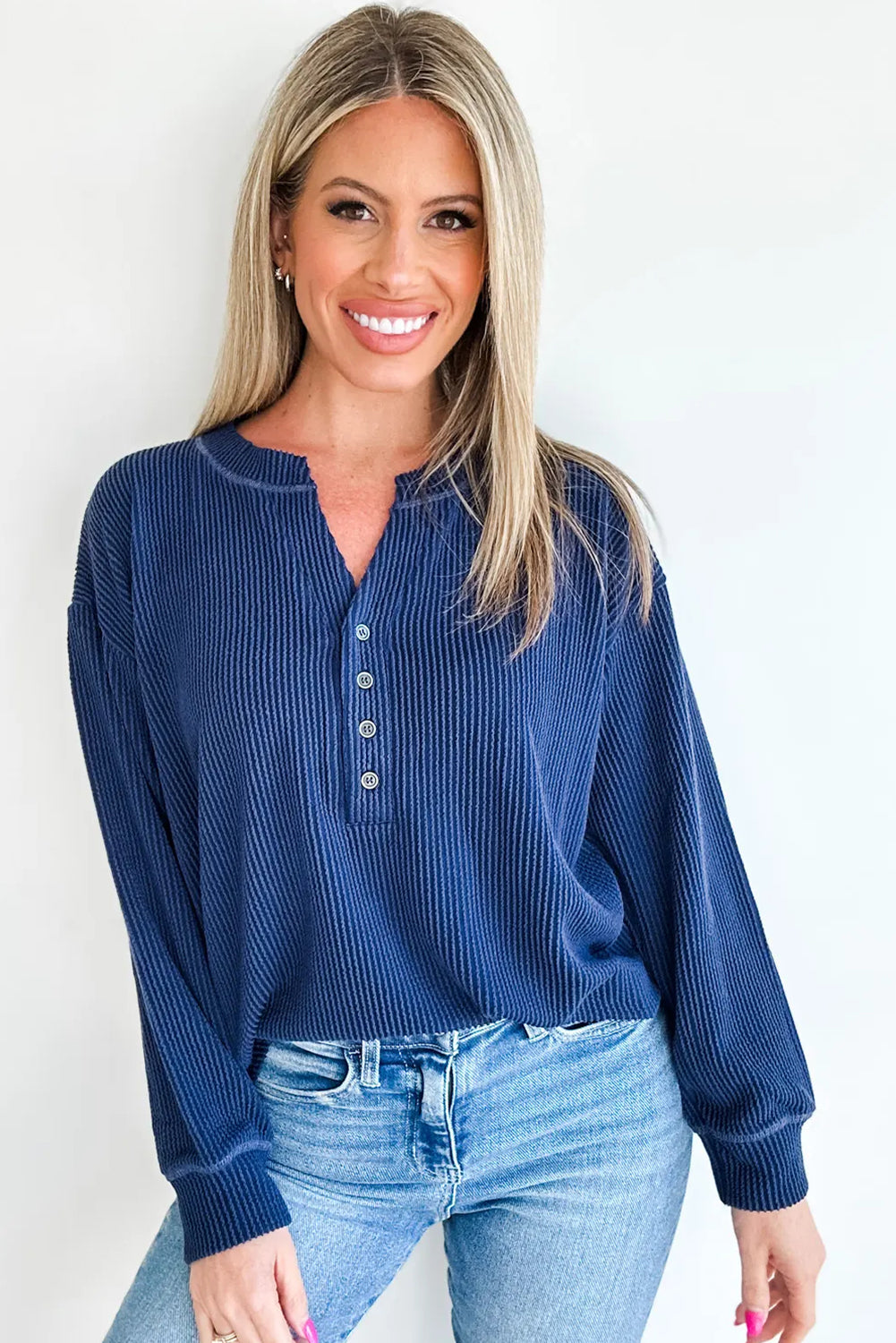 Navy Blue Twisted Ribbed Half Button Long Sleeve Loose Top