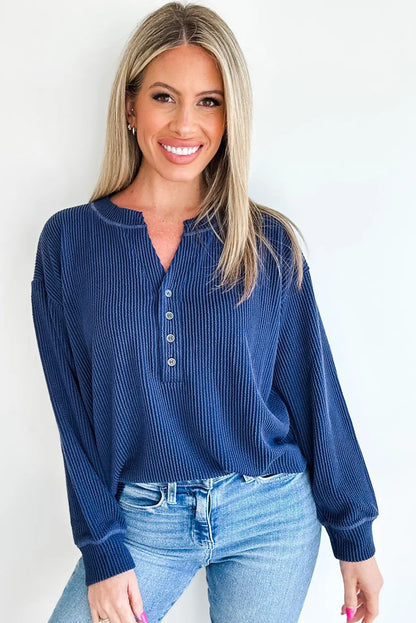 Navy Blue Twisted Ribbed Half Button Long Sleeve Loose Top