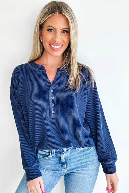 Navy Blue Twisted Ribbed Half Button Long Sleeve Loose Top