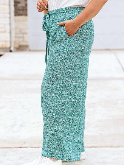 Green Floral Boho Tie-Waist Wide Leg Pants for Curvy Fashionistas