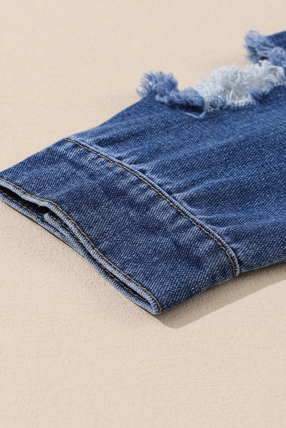 Stylish Plus Size Navy Distressed Denim Shacket