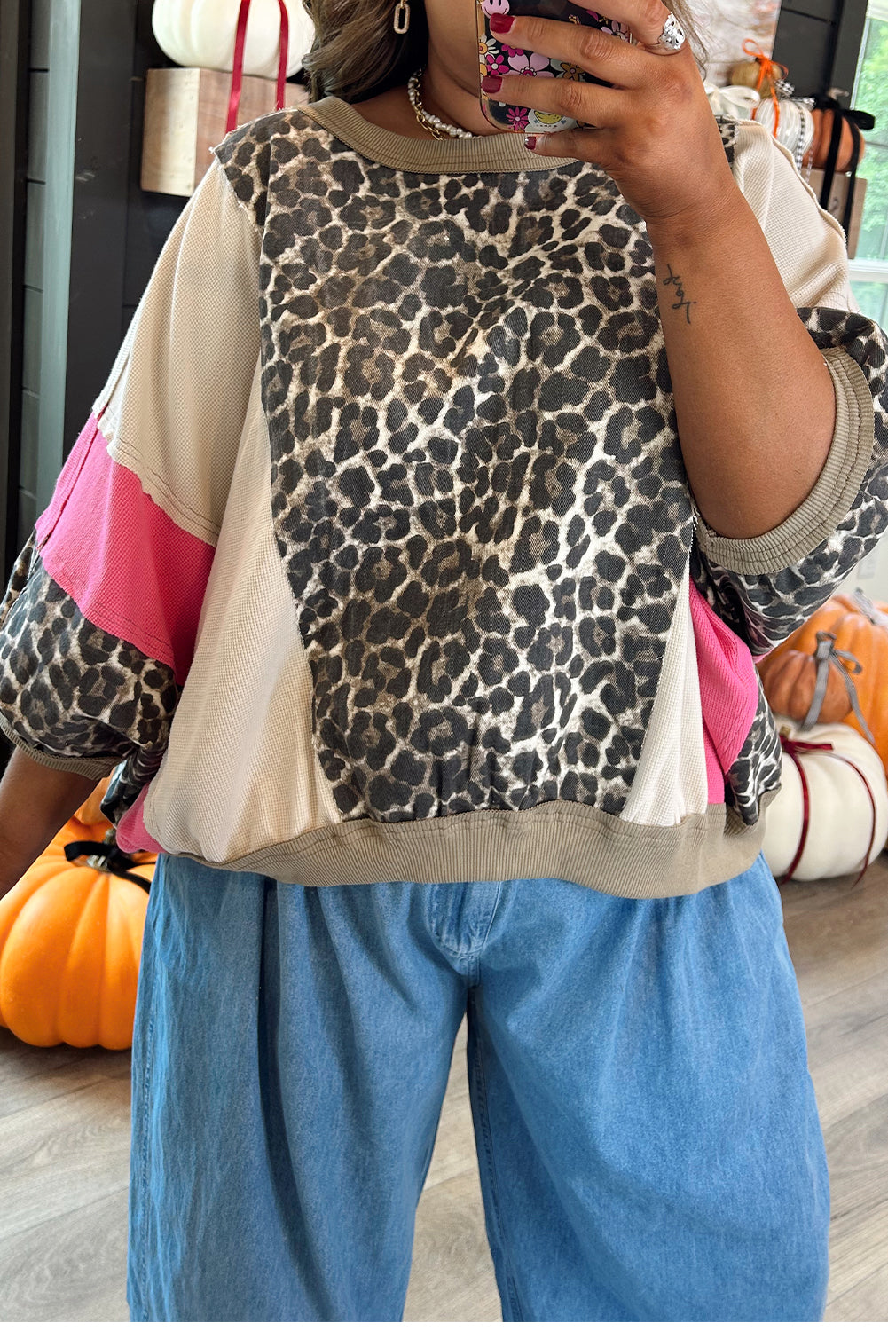 Brown Leopard Print Color Block Patchwork 3/4 Sleeve Loose Top