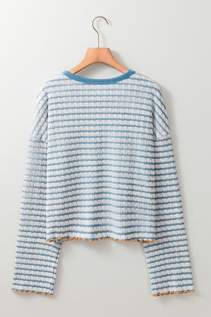 Sky Blue Stripe Textured Frilly Trim Buttons Henley Long Sleeve Top