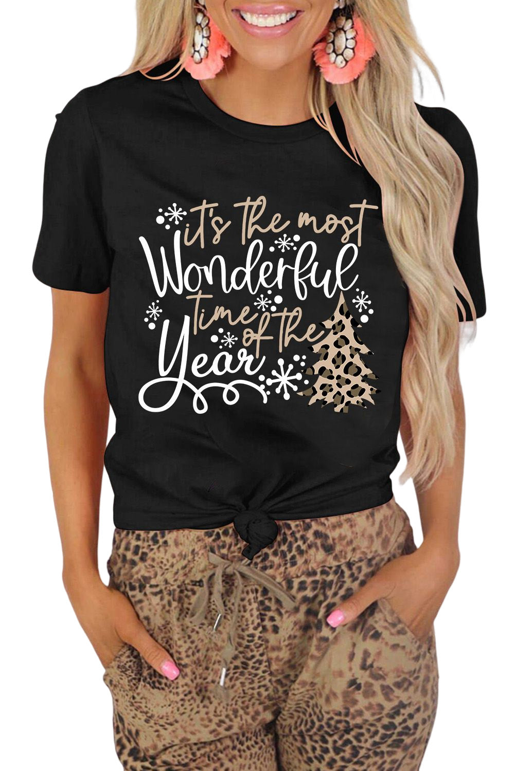 Festive Black Leopard Graphic Tee with Christmas Vibes