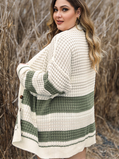 White Plus Size Color Block Cable Knit Buttoned Cardigan