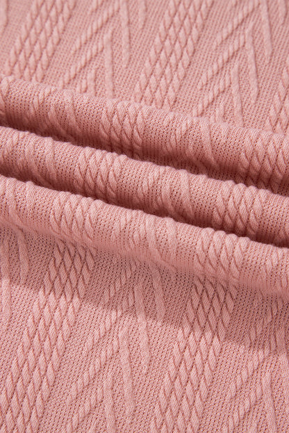 Dusty Pink Floral Patchwork Textured Knit Drawstring V Neck Blouse