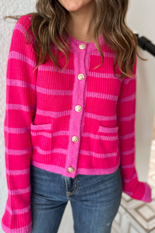 Rose Stripe Double Patch Pocket Button Front Sweater Cardigan