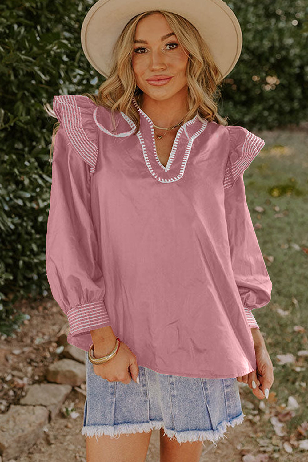 Pink Contrast Stitched Detail V Neck Ruffle Long Sleeve Blouse