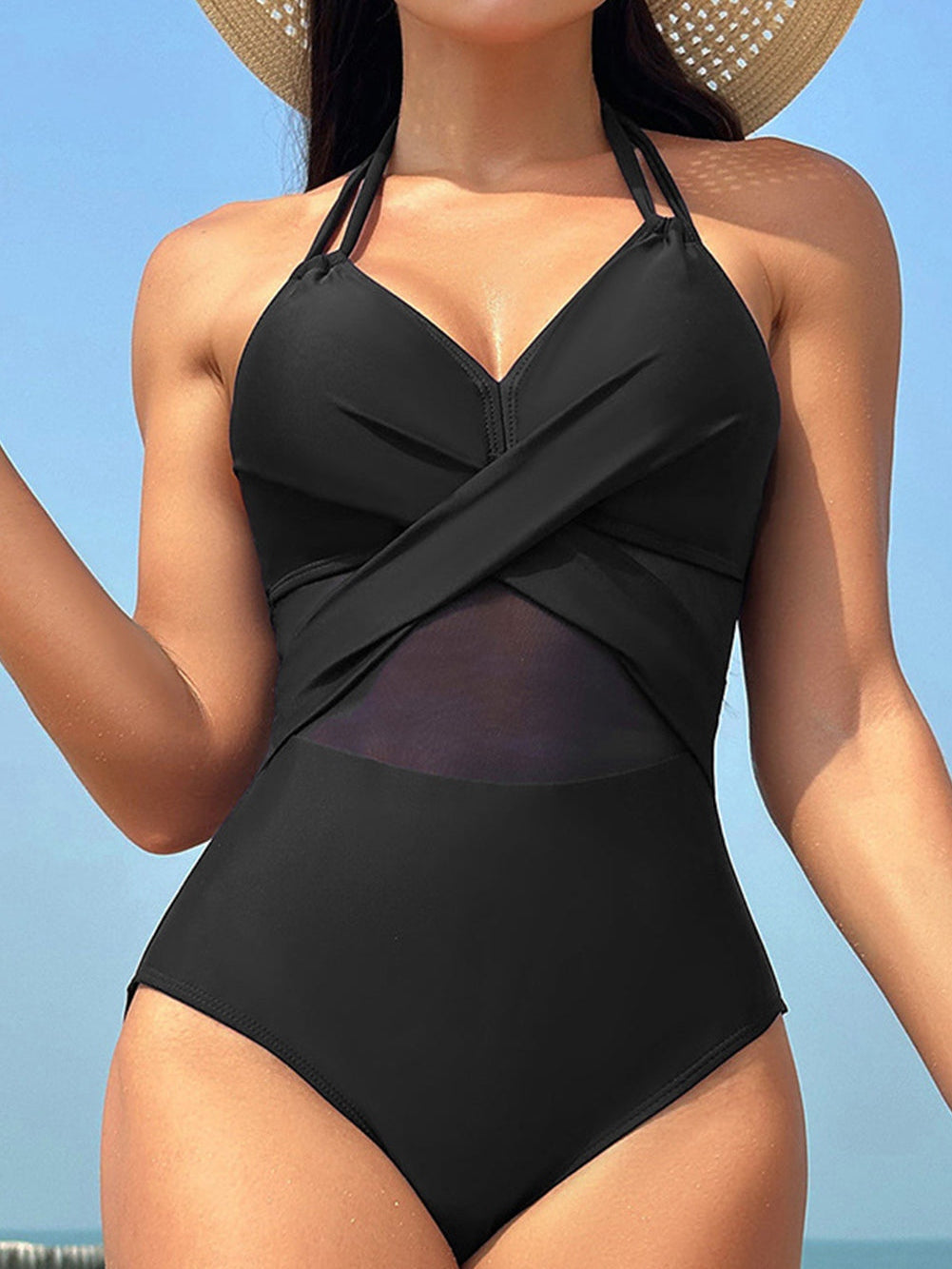 Black Mesh Crisscross Halter One-Piece Swimsuit with Sheer Inserts