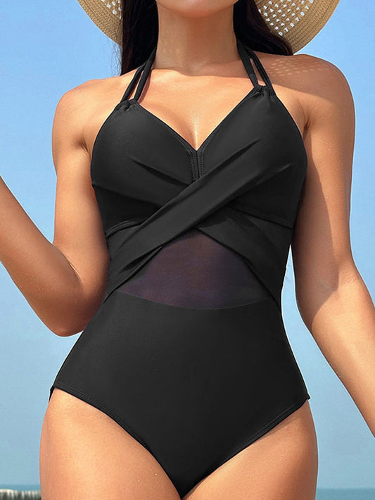 Black Mesh Crisscross Halter One-Piece Swimsuit with Sheer Inserts