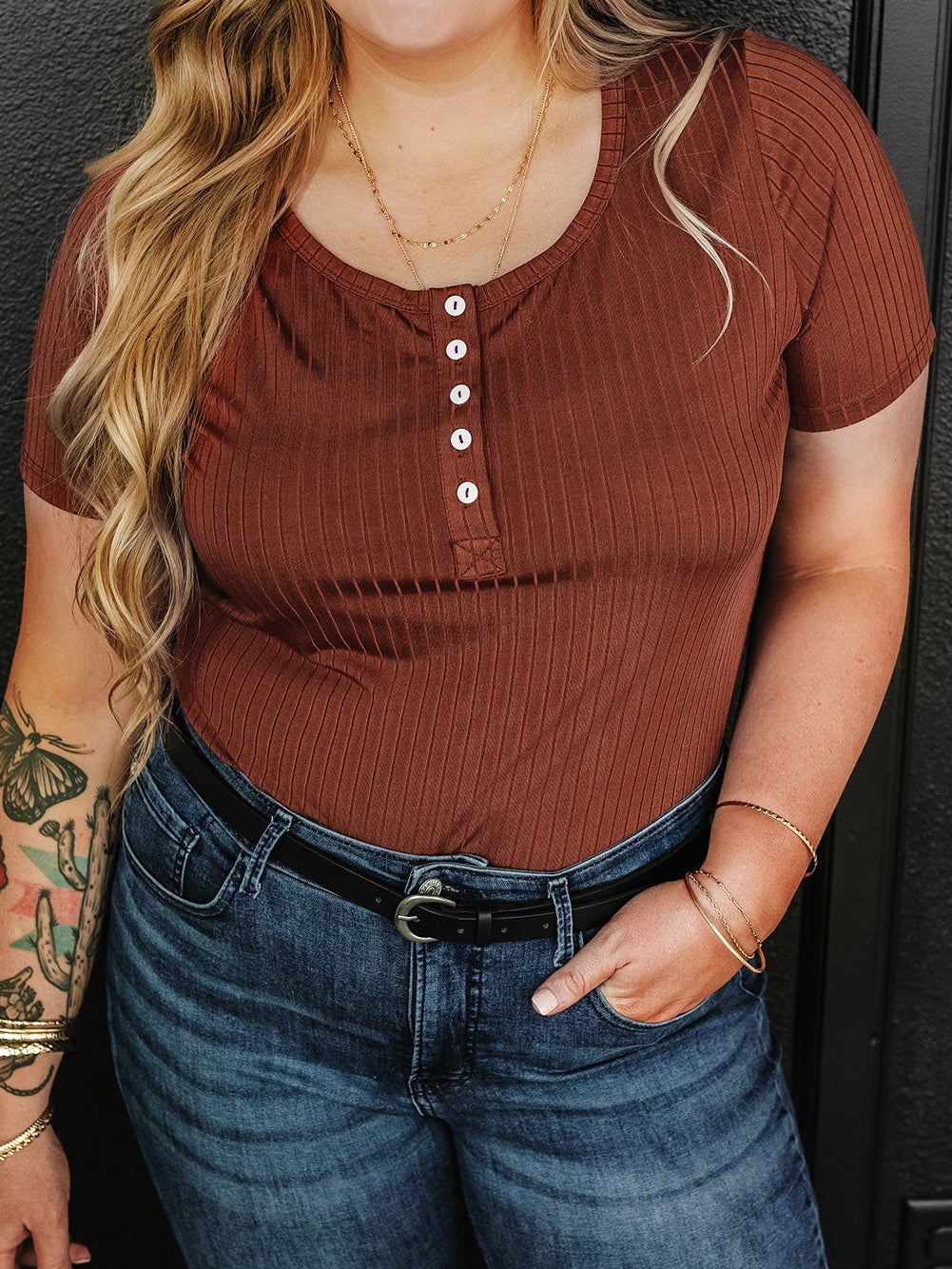Chestnut Plus Size Ribbed Knit Henley Tee