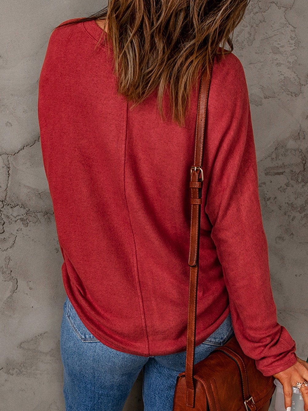 Fiery Red Crew Neck Patchwork Long Sleeve Casual Top