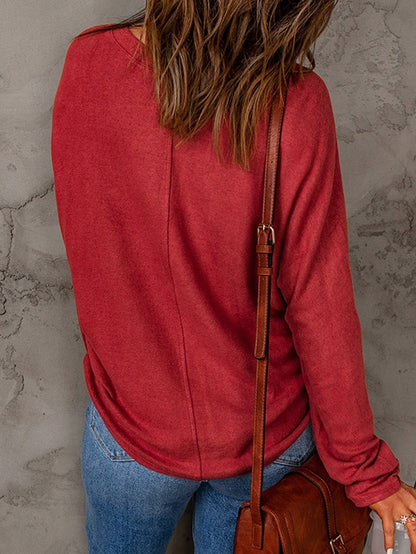 Fiery Red Crew Neck Patchwork Long Sleeve Casual Top