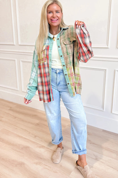Green Mixed Plaid Patchwork Button Down Flannel Shacket