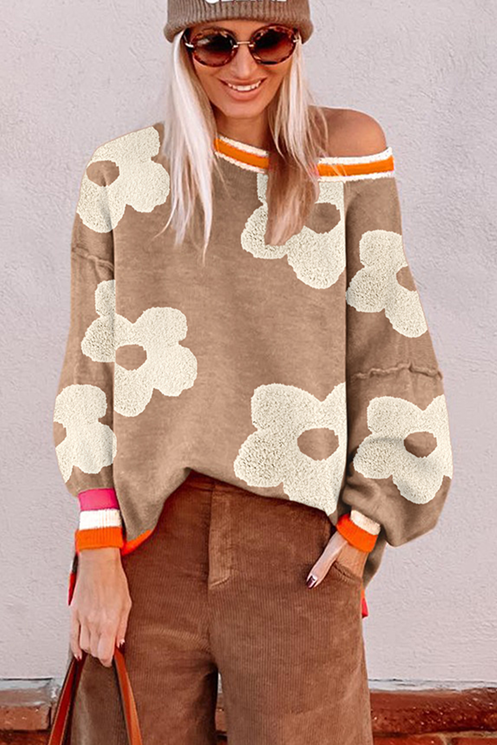 Smoke Gray Big Flower Pattern Contrast Striped Baggy Sweater