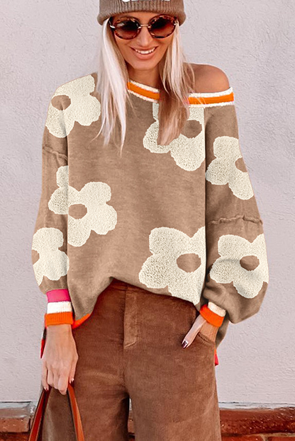 Smoke Gray Big Flower Pattern Contrast Striped Baggy Sweater