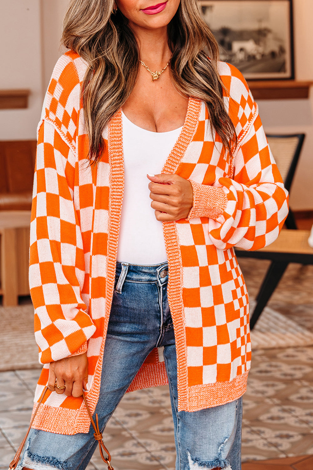 orange checkered cardigan